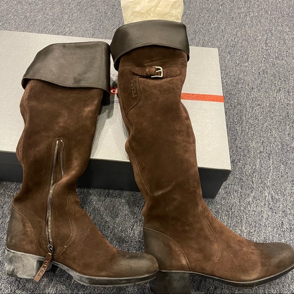 Prada tall suede brown boots 37 1/2 - Picture 1 of 6